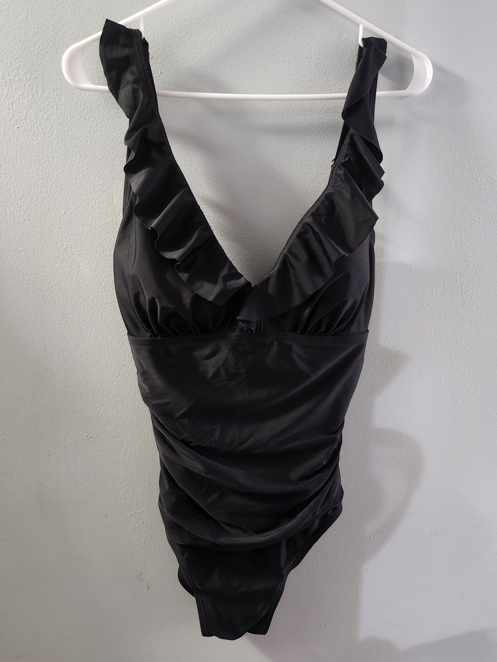 DKNY Black Ruffle V-neck One-Piece Swimsuit Size: 12 Used: Good Condition